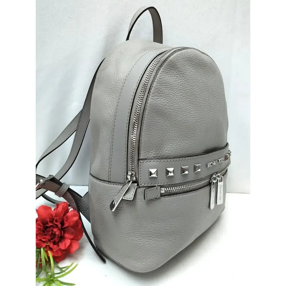 Michael Kors Kenly Pear Gray Pebbled Leather Studded Zip Pocket Backpack - $368